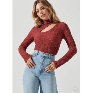 ASTR The Label | Rust Orange Slit Mock Neck Long Sleeve Top Ruched Textured XS